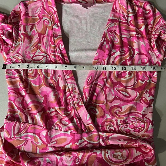 Lilly Pulitzer Karlie‎ Wrap Romper Large Mango Salsa Pink 3/4 Sleeve - Picture 5 of 5